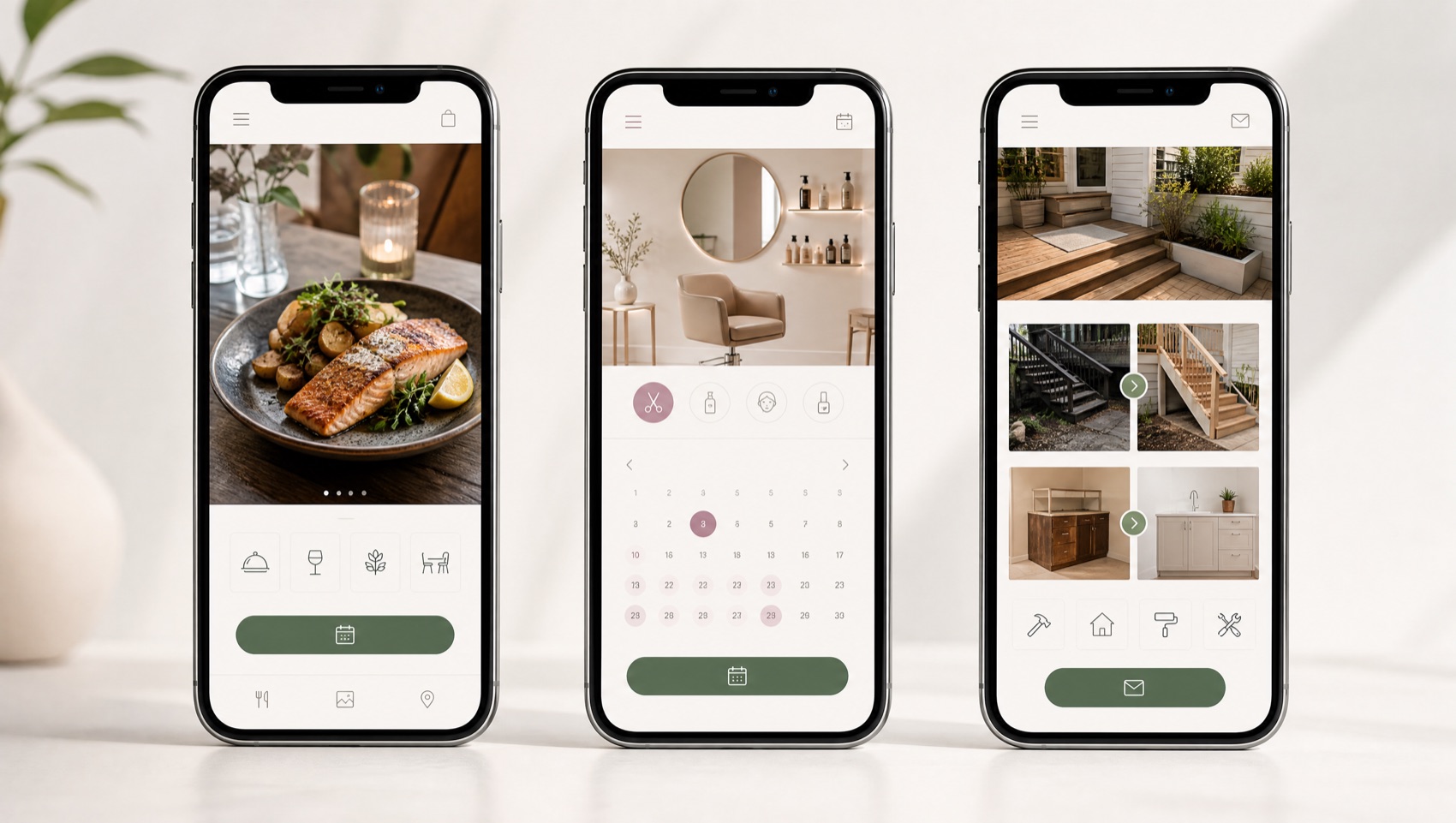 Esempi di siti per ristorante, estetista e artigiano mostrati su smartphone